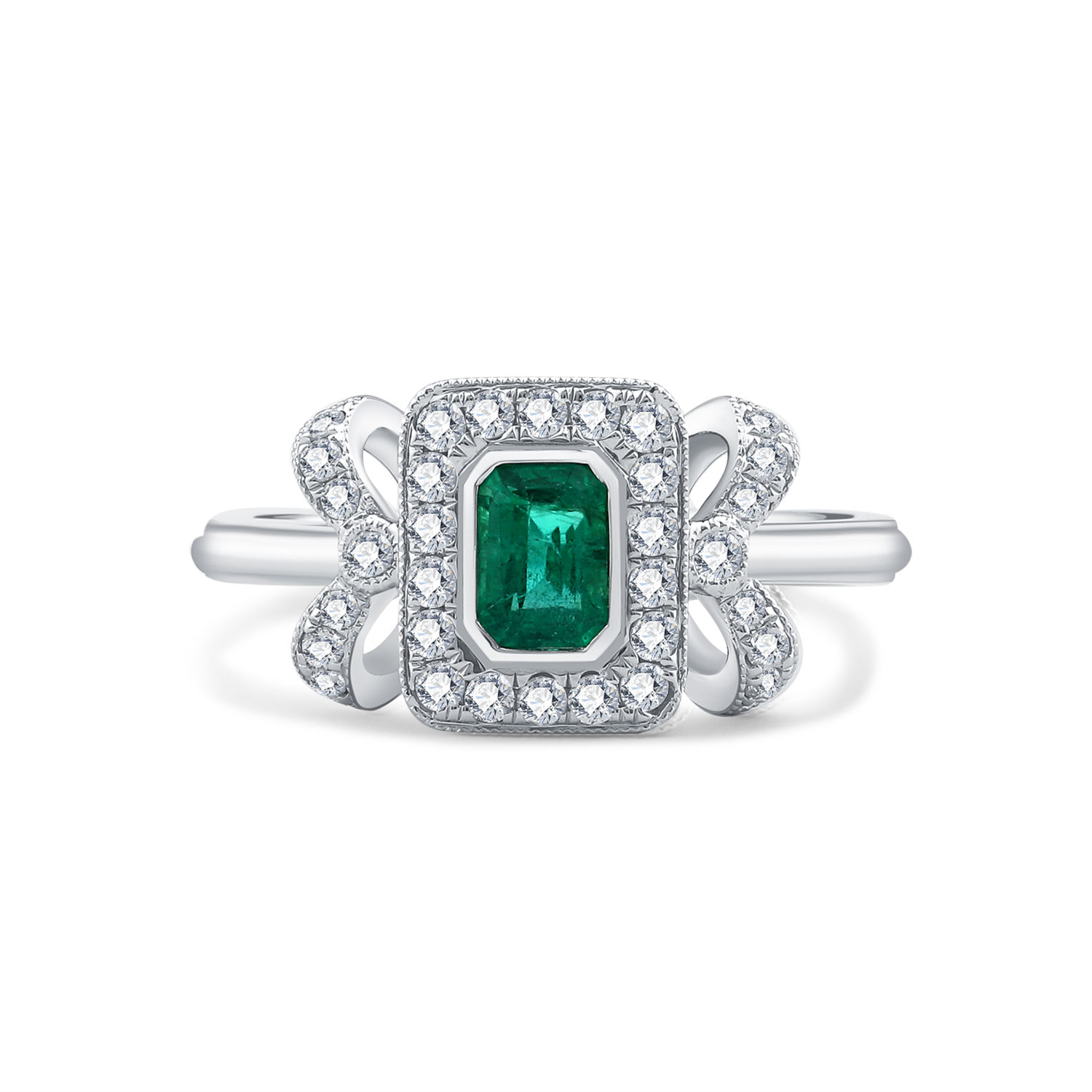 18K WHITE GOLD NATURAL DIAMOND EMERALD RING