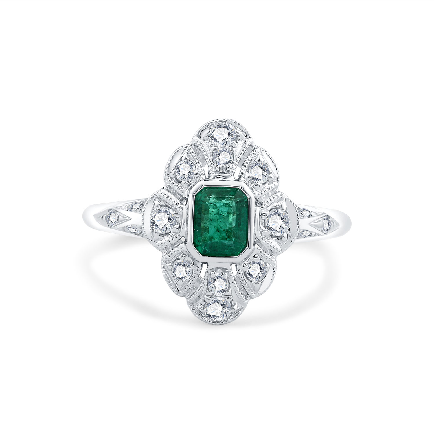 18K WHITE GOLD REAL DIAMOND EMERALD RING