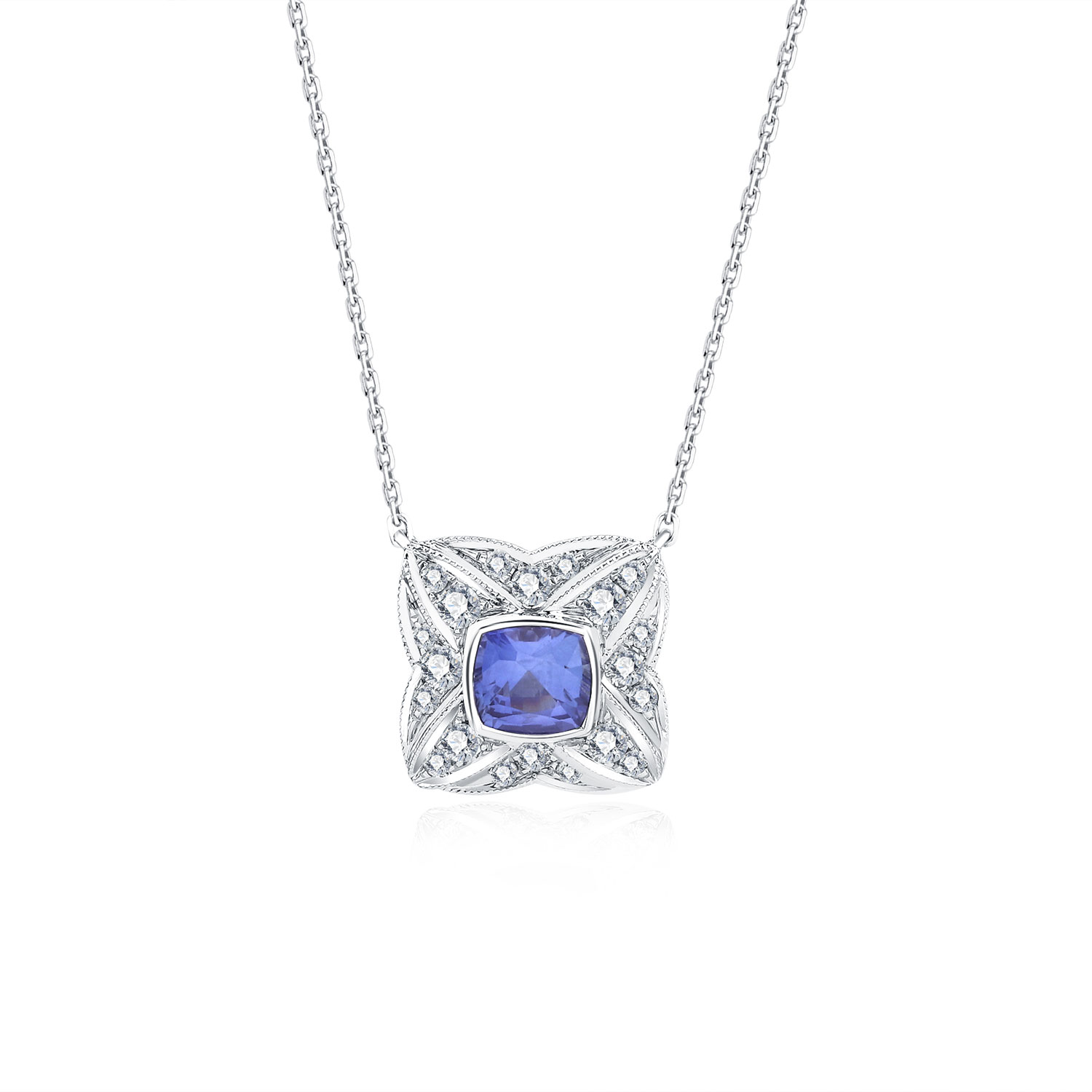 18K SOLID WHITE GOLD REAL DIAMOND SAPPHIRE NECKLACE