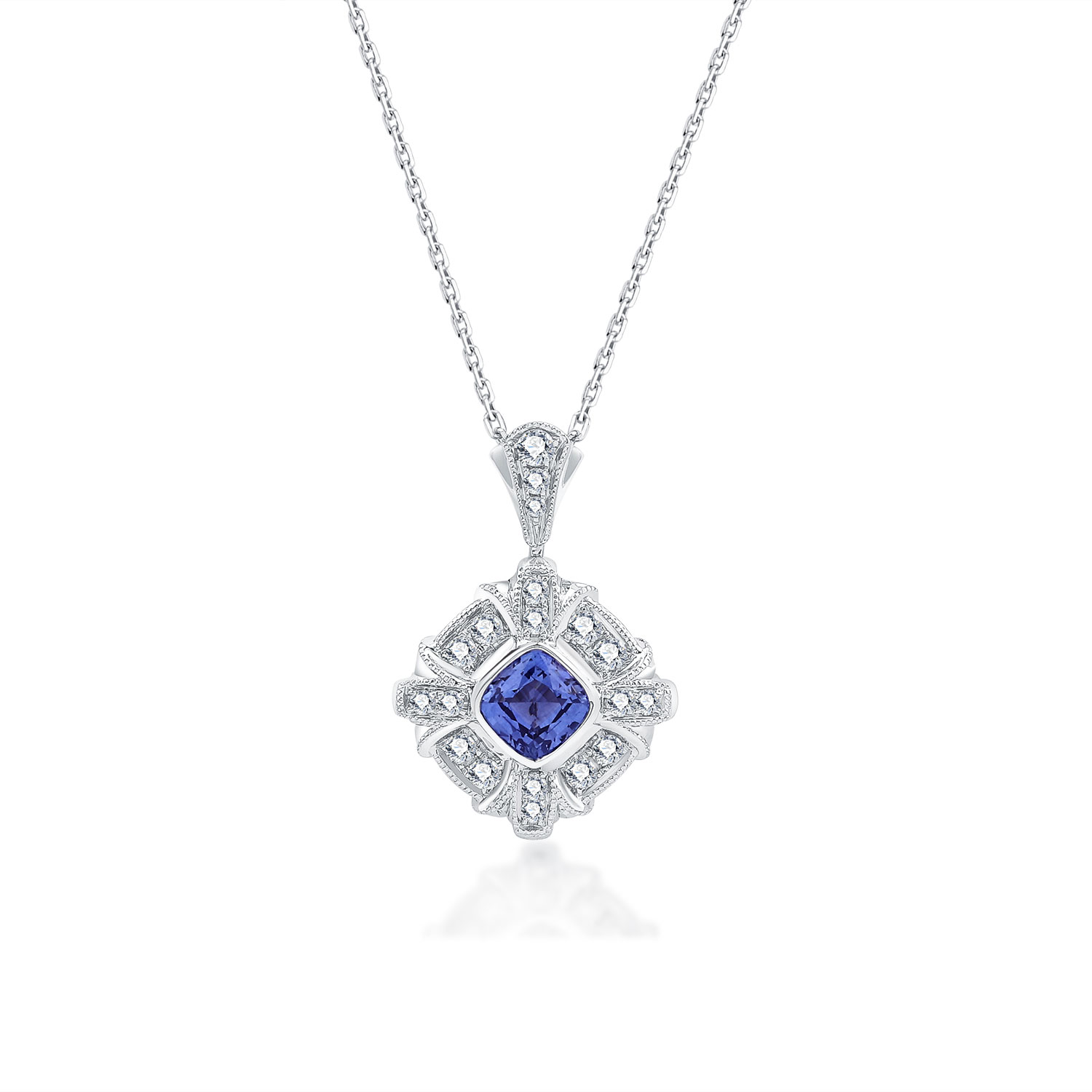 18K WHITE GOLD NATURAL DIAMOND SAPPHIRE NECKLACE