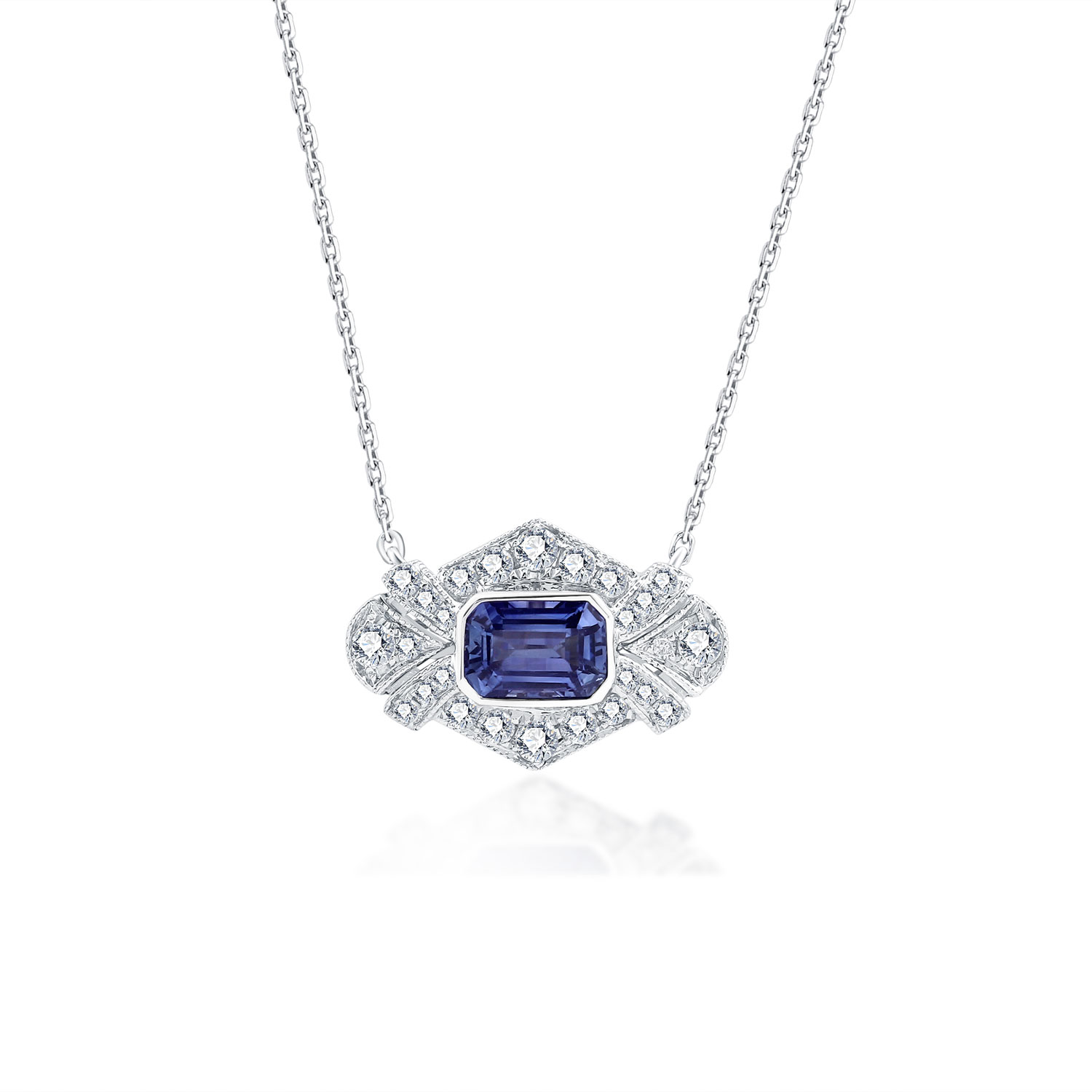 18K WHITE GOLD REAL DIAMOND BLUE SAPPHIRE NECKLACE