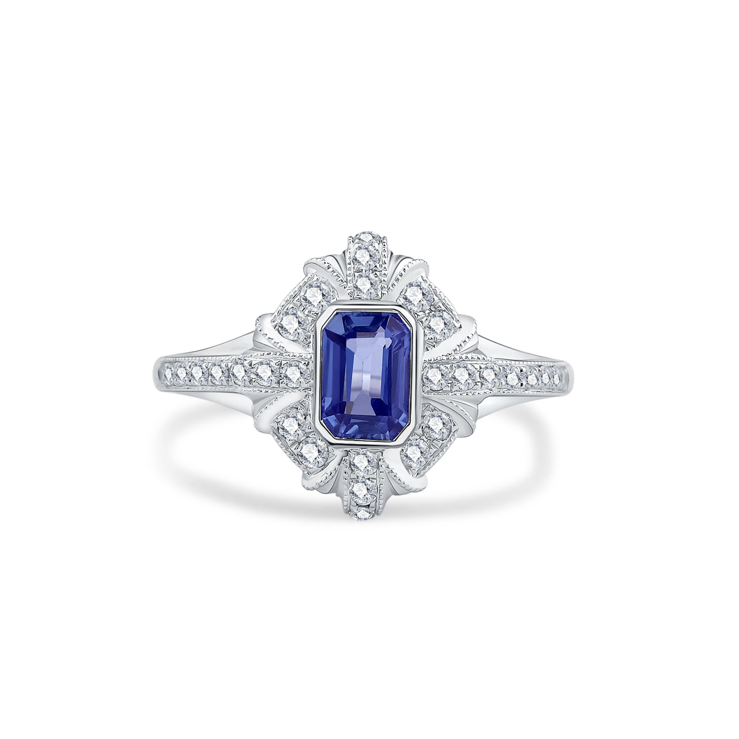 18K WHITE GOLD NATURAL DIAMOND BLUE SAPPHIRE RING
