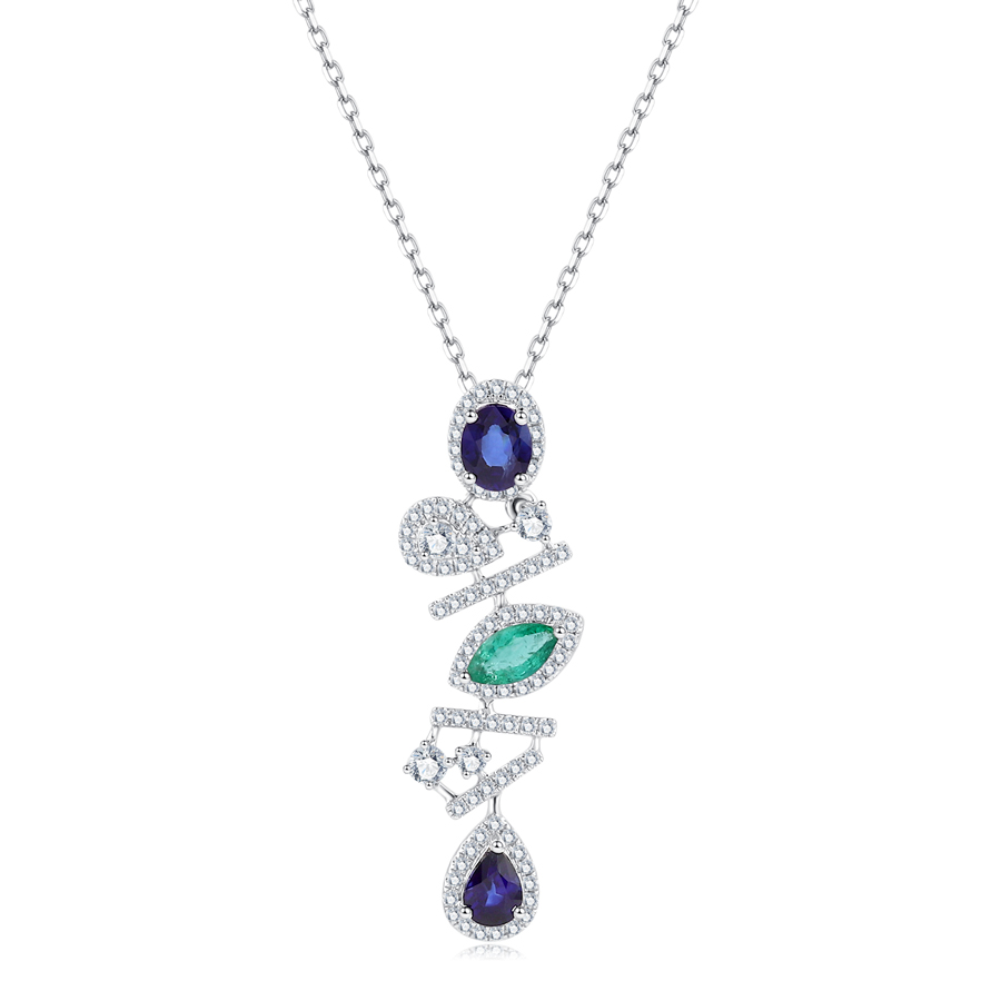18K GOLD EMERALD AND SAPPHIRE DIAMOND NECKLACE