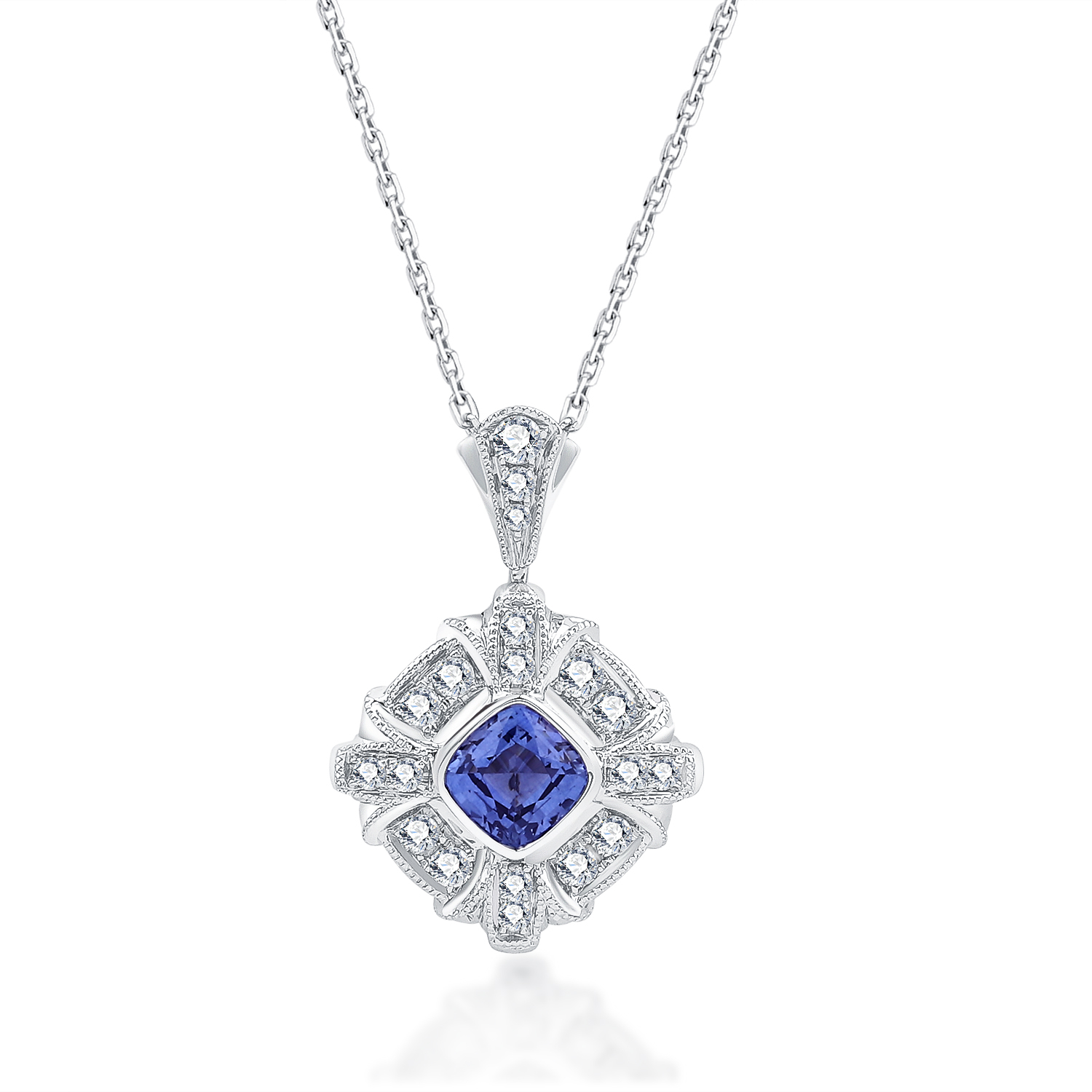 18K WHITE GOLD NATURAL DIAMOND SAPPHIRE NECKLACE