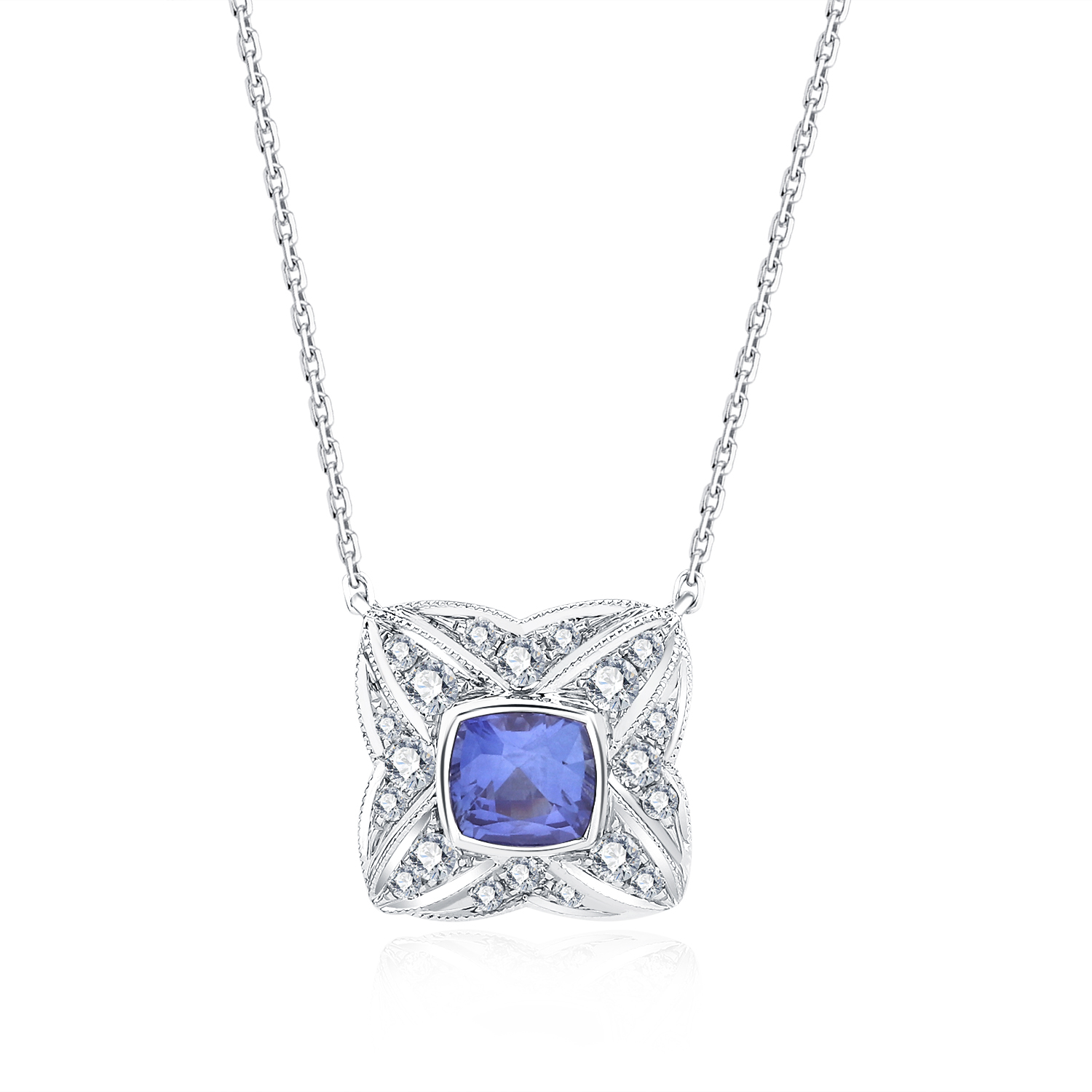 18K SOLID WHITE GOLD REAL DIAMOND SAPPHIRE NECKLACE