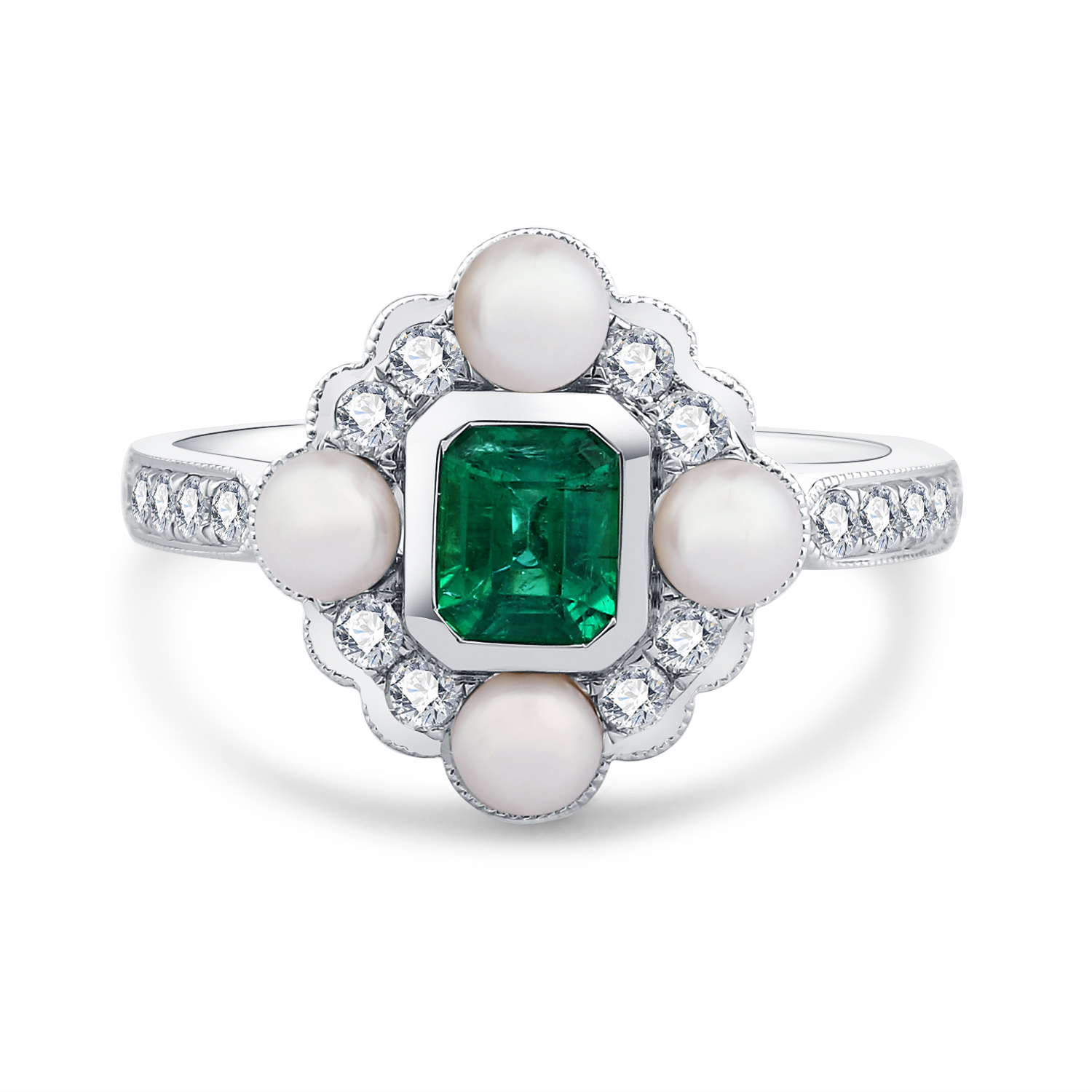 18K WHITE GOLD DIAMOND PEARL EMERALD RING