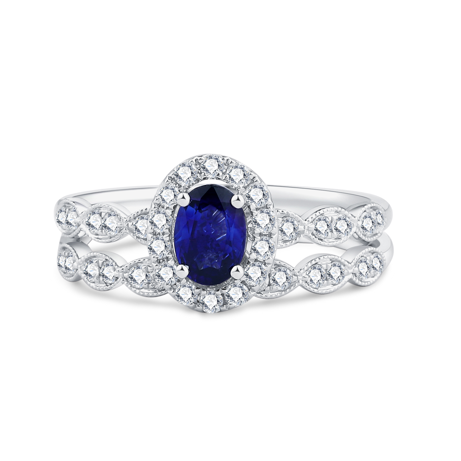 18K WHITE GOLD NATURAL DIAMOND BLUE SAPPHIRE TWO RING SET