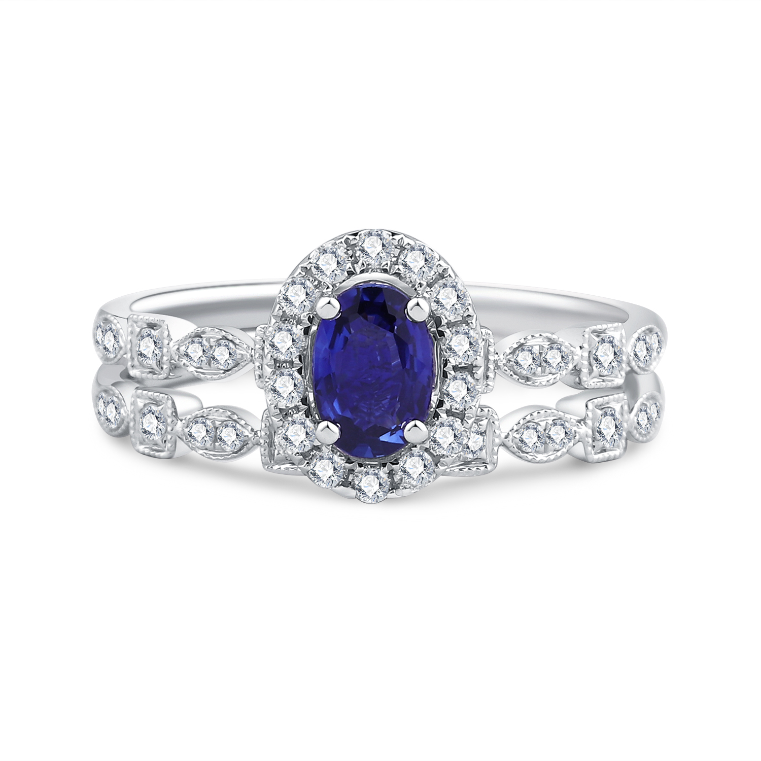 18K WHITE GOLD DIAMOND BLUE SAPPHIRE TWO RING DESIGN