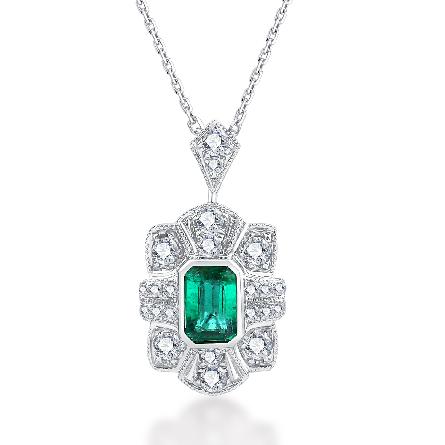 18K WHITE GOLD NATURAL DIAMOND EMERALD NECKLACE