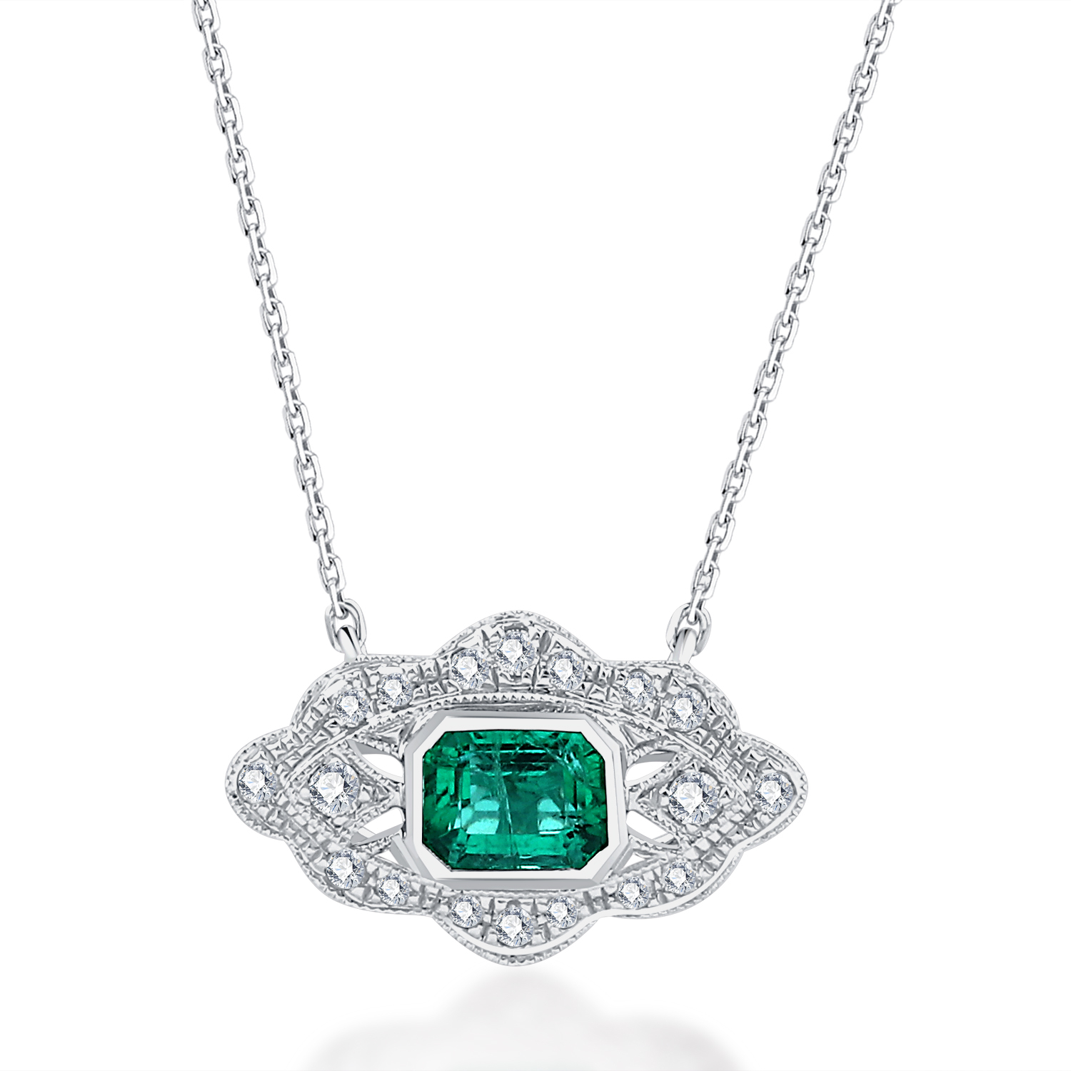 18K WHITE GOLD NATURAL DIAMOND EMERALD PENDANT NECKLACE