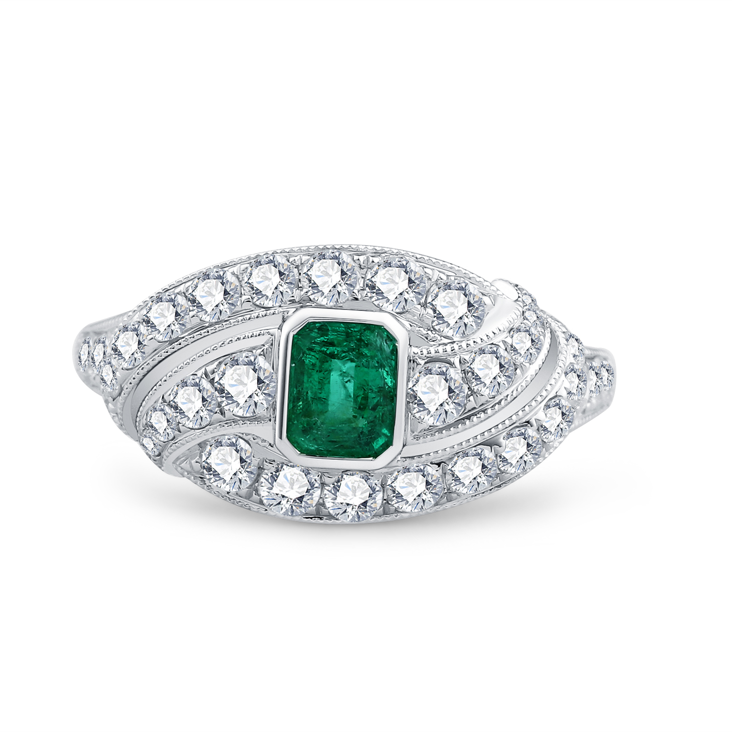 18K WHITE GOLD NATURAL DIAMOND EMERALD RING