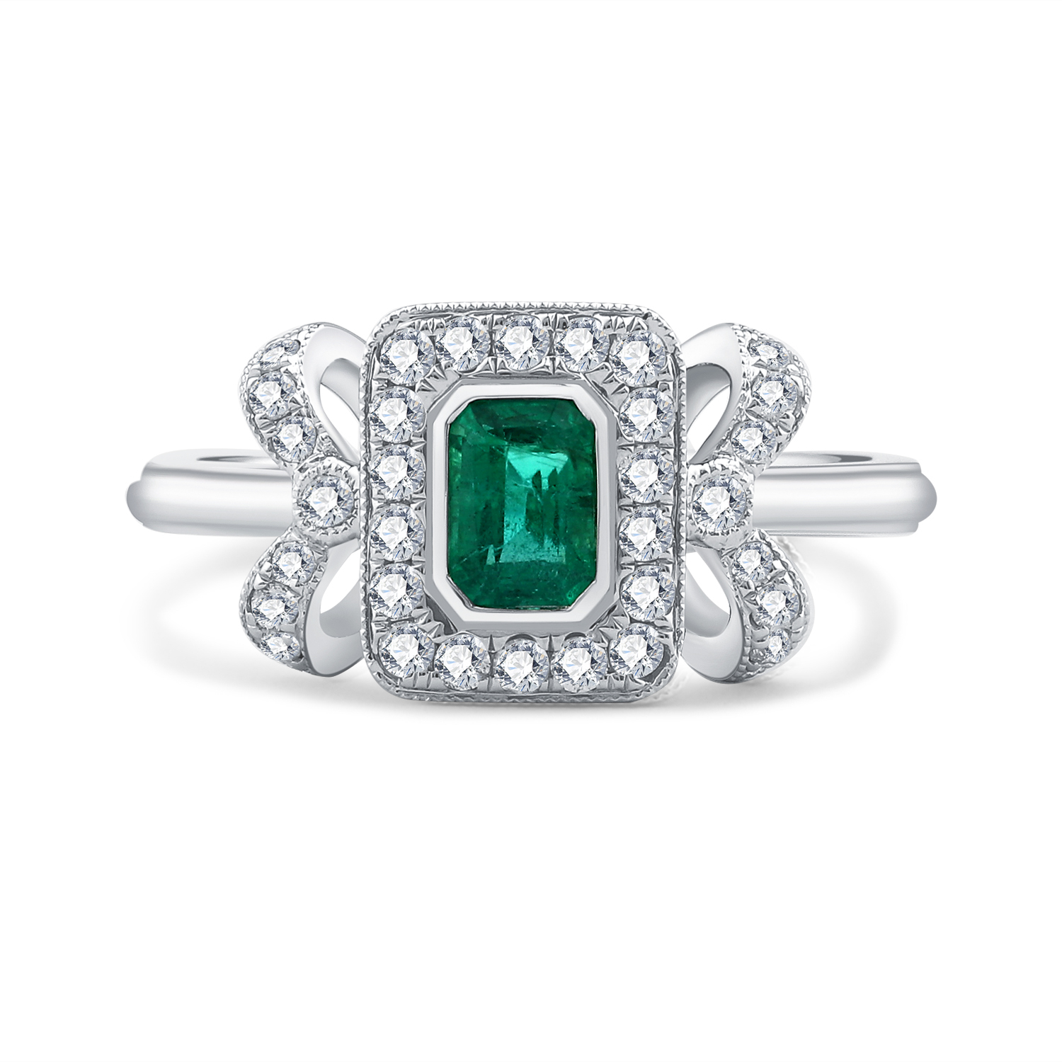 18K WHITE GOLD NATURAL DIAMOND EMERALD RING