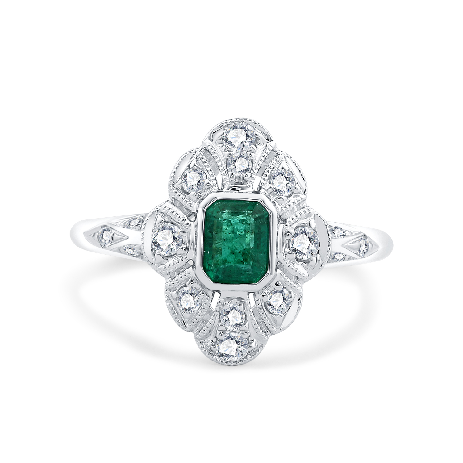 18K WHITE GOLD REAL DIAMOND EMERALD RING