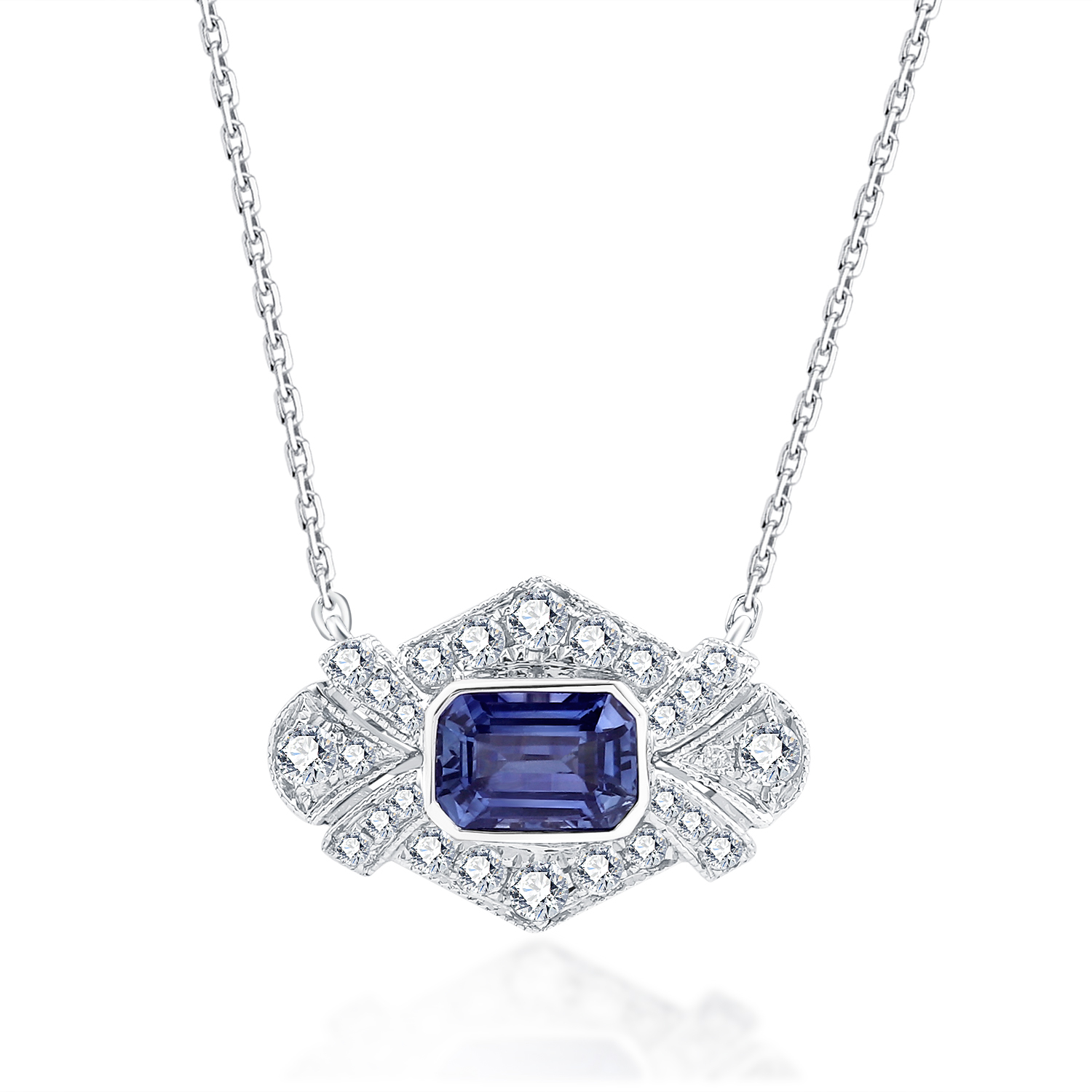 18K WHITE GOLD REAL DIAMOND BLUE SAPPHIRE NECKLACE