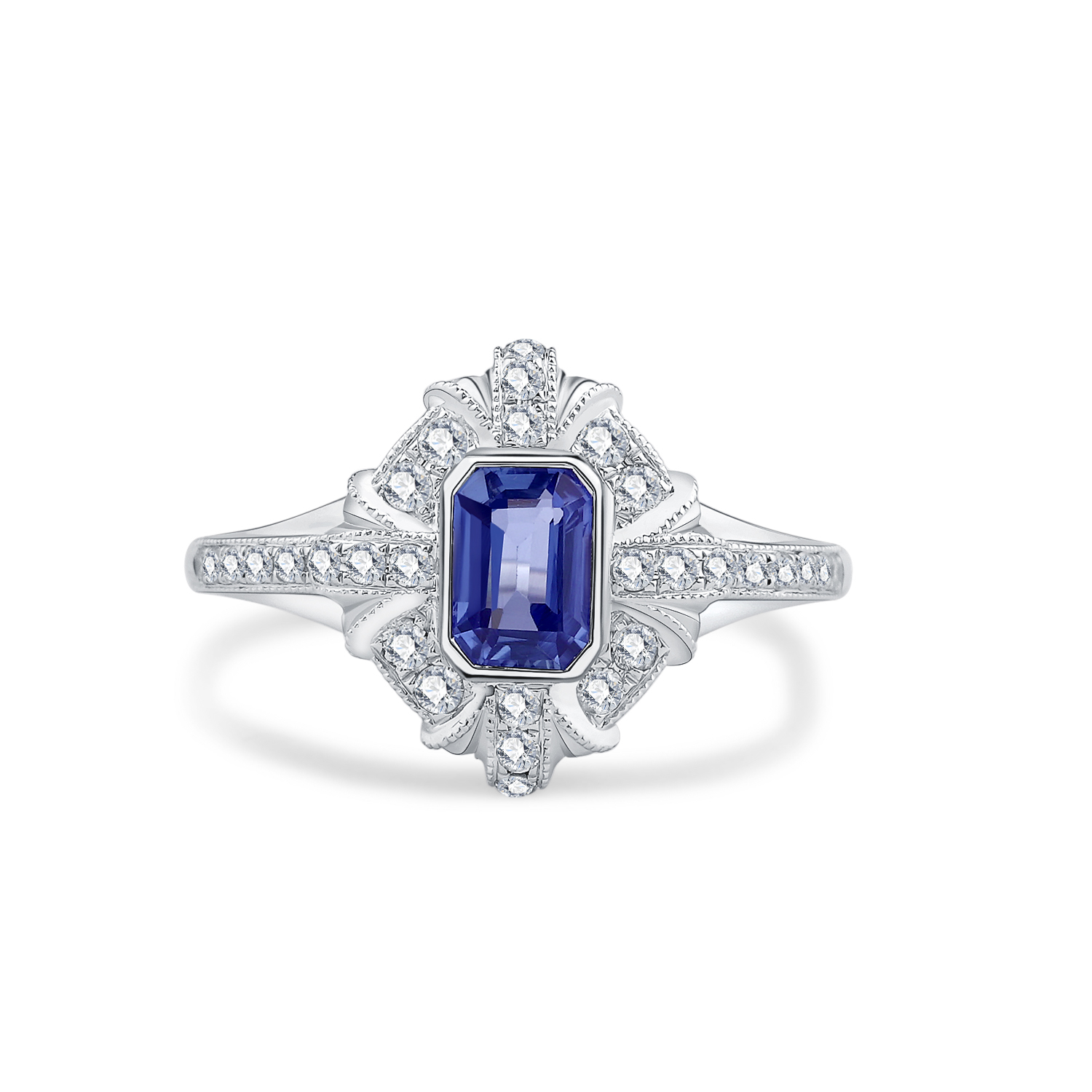 18K WHITE GOLD NATURAL DIAMOND BLUE SAPPHIRE RING