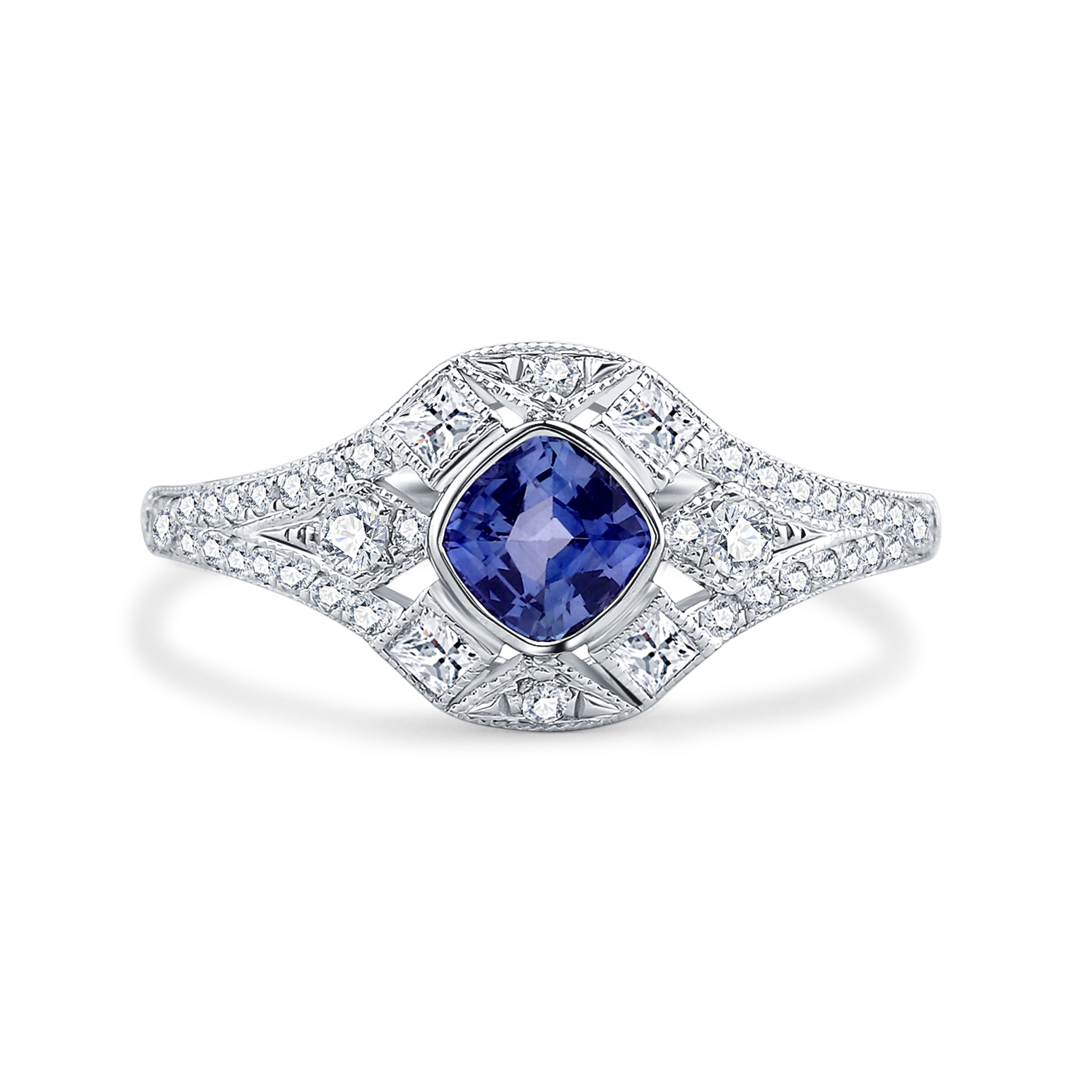 18K WHITE GOLD REAL DIAMOND BLUE SAPPHIRE RING