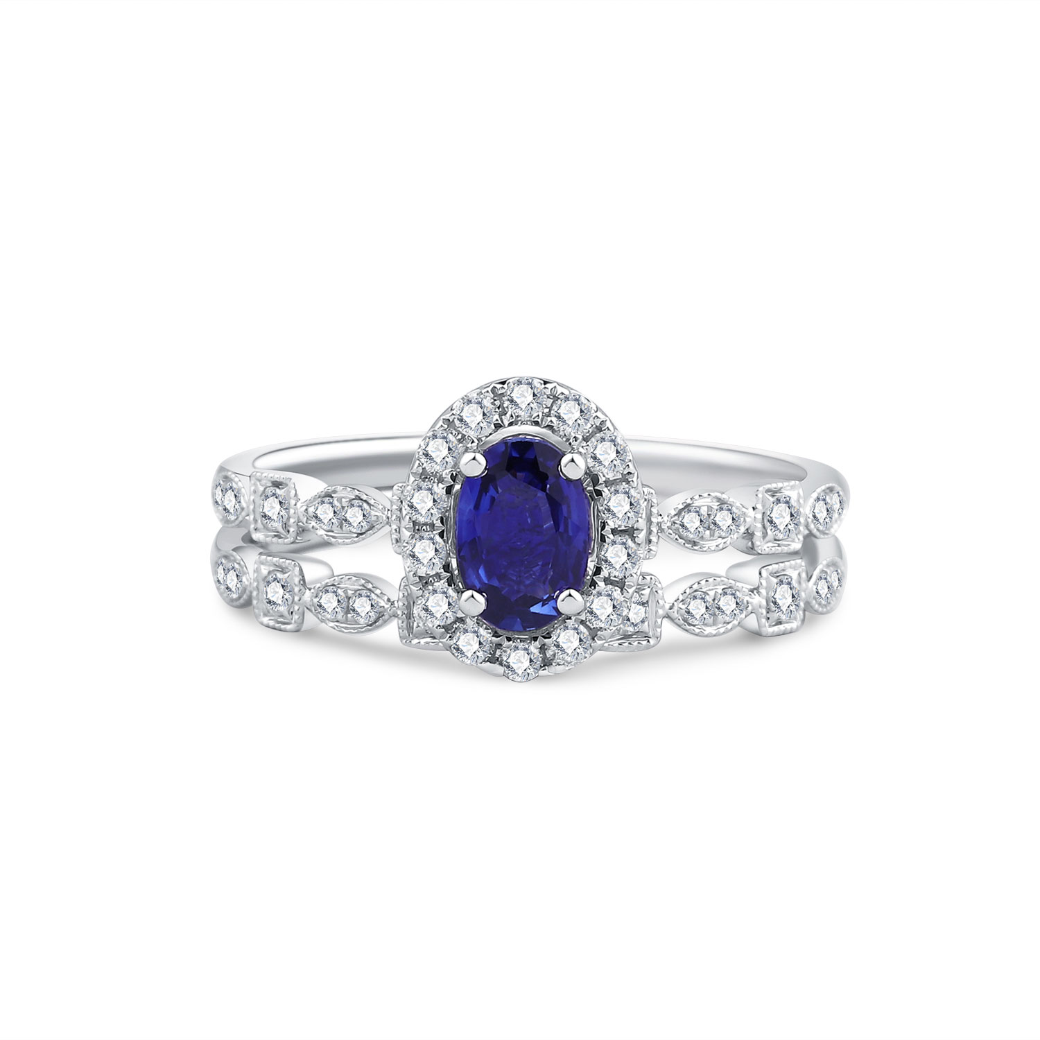 18K WHITE GOLD DIAMOND BLUE SAPPHIRE TWO RING DESIGN