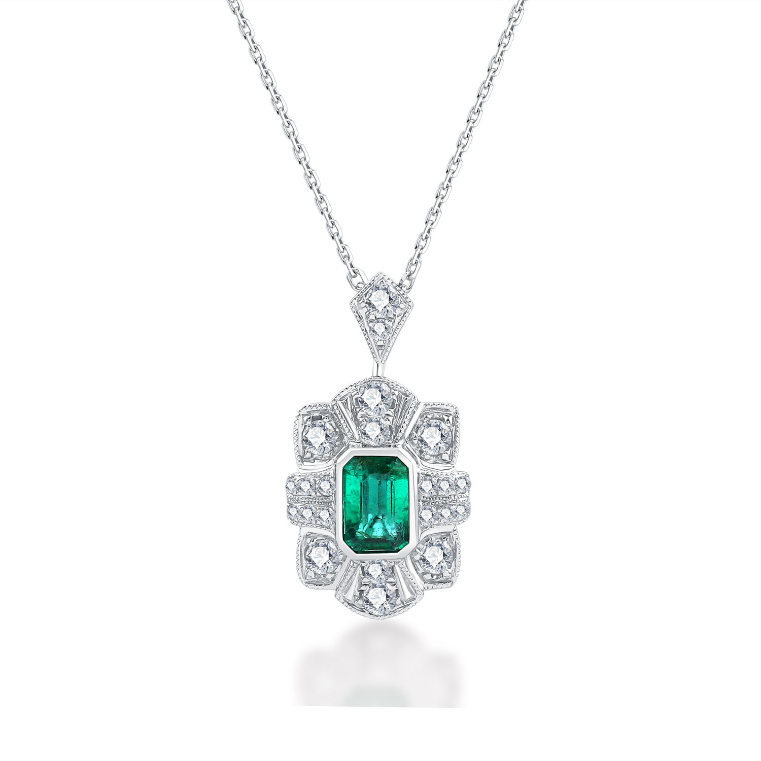 18K WHITE GOLD NATURAL DIAMOND EMERALD NECKLACE
