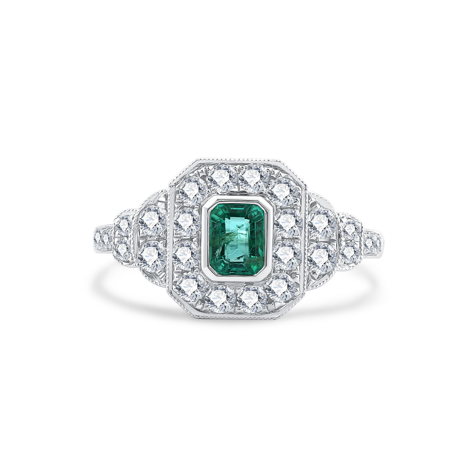 18K WHITE GOLD NATURAL DIAMOND EMERALD RING