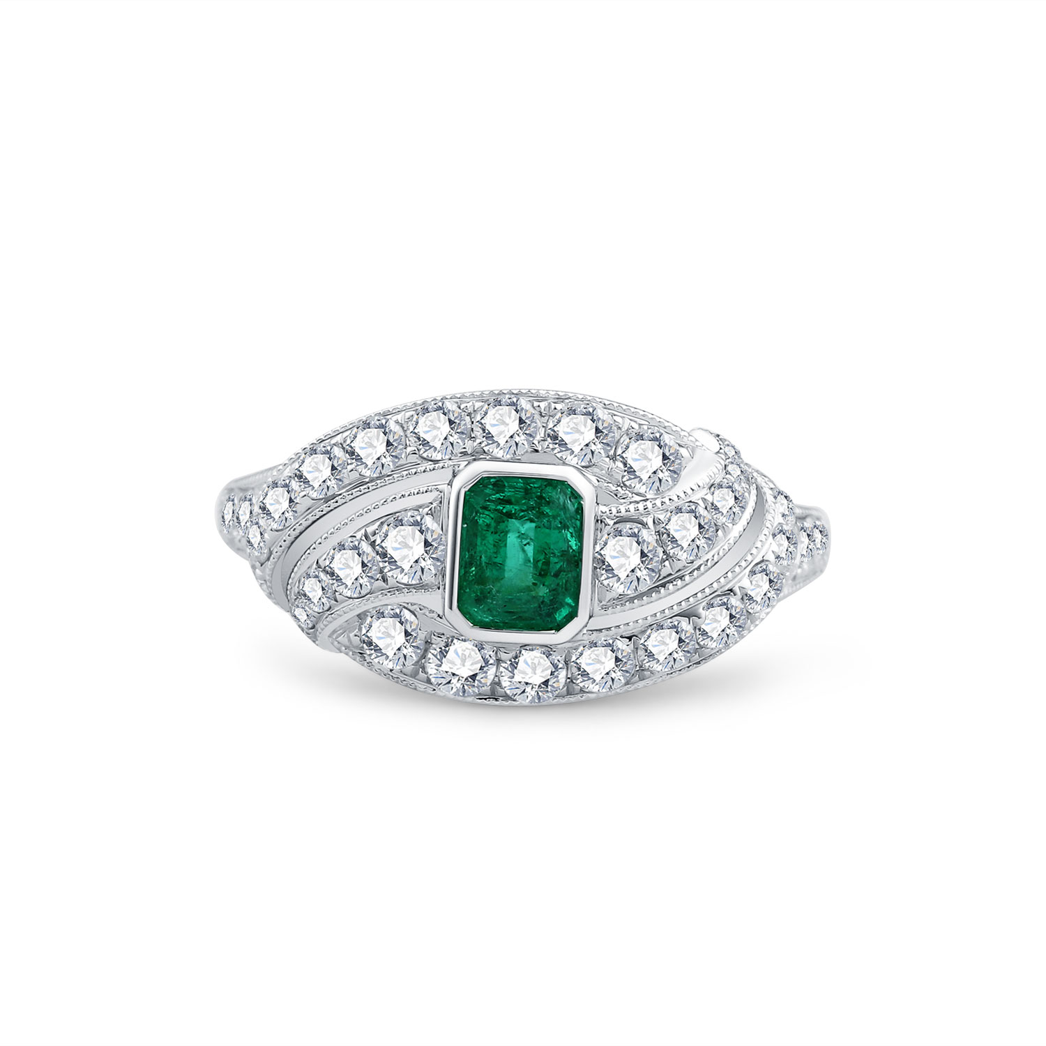 18K WHITE GOLD NATURAL DIAMOND EMERALD RING